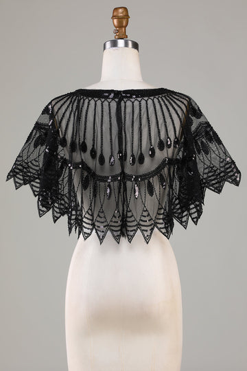 Lentejuelas negras Glitter 1920s Cape con abalorios